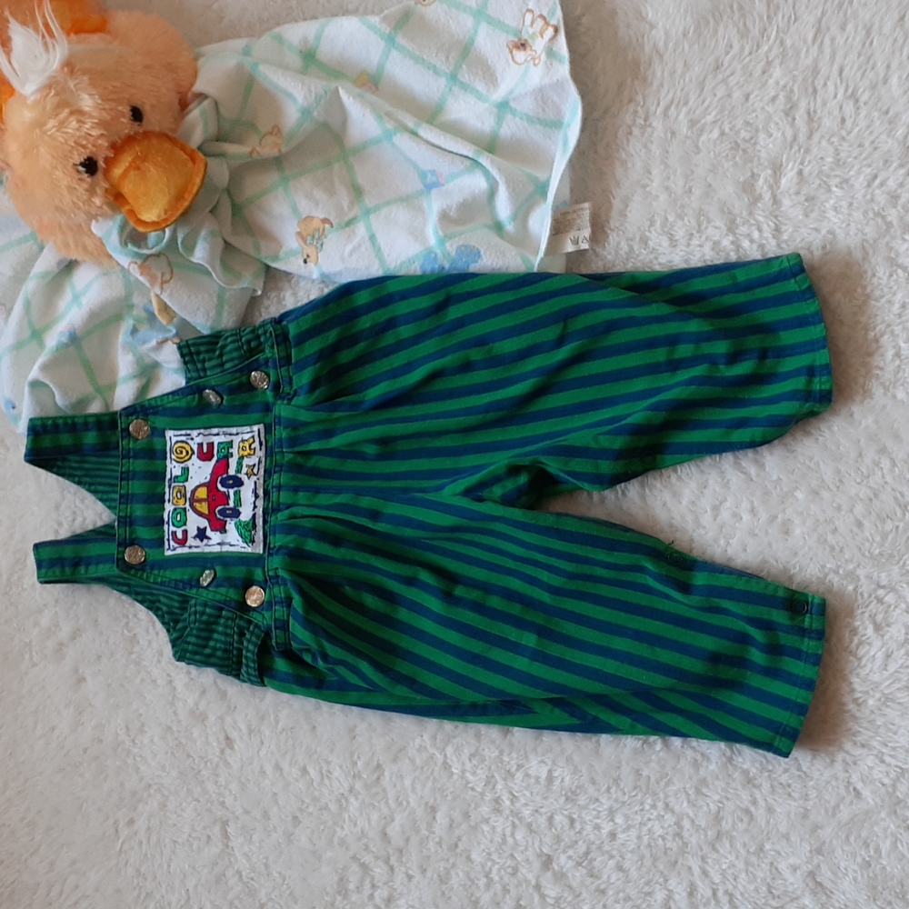 Vintage Overalls Green Striped Size  12M
